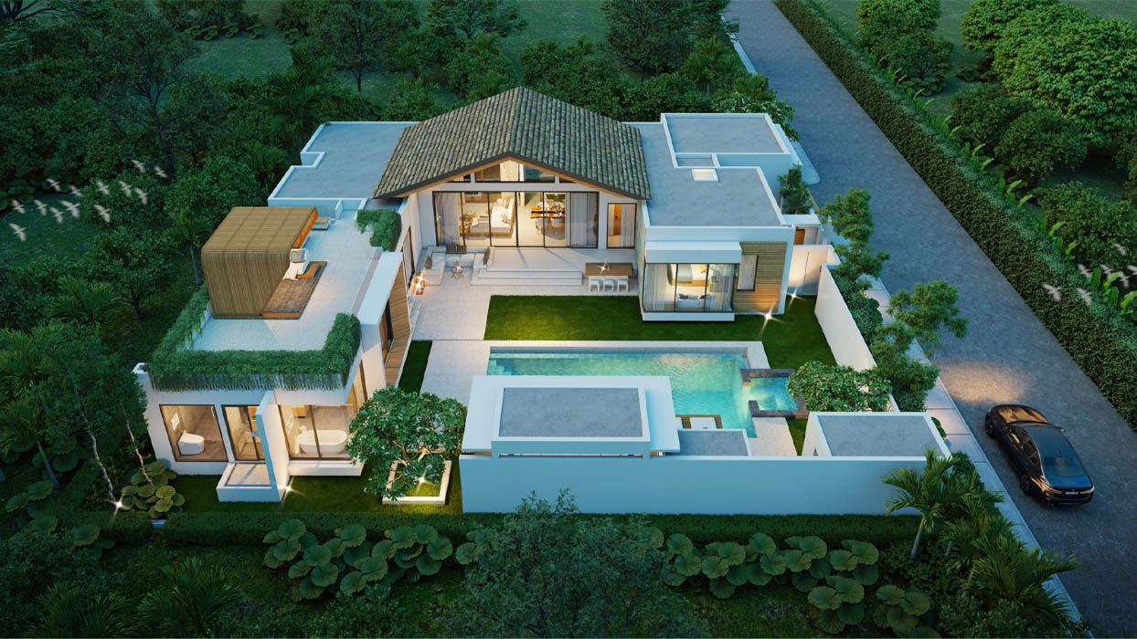 Biệt thự có đất rộng, sân vườn lớn, mật độ xây dựng thấp, thiết kế thiên nhiên và vị trí ngoại ô yên tĩnh.