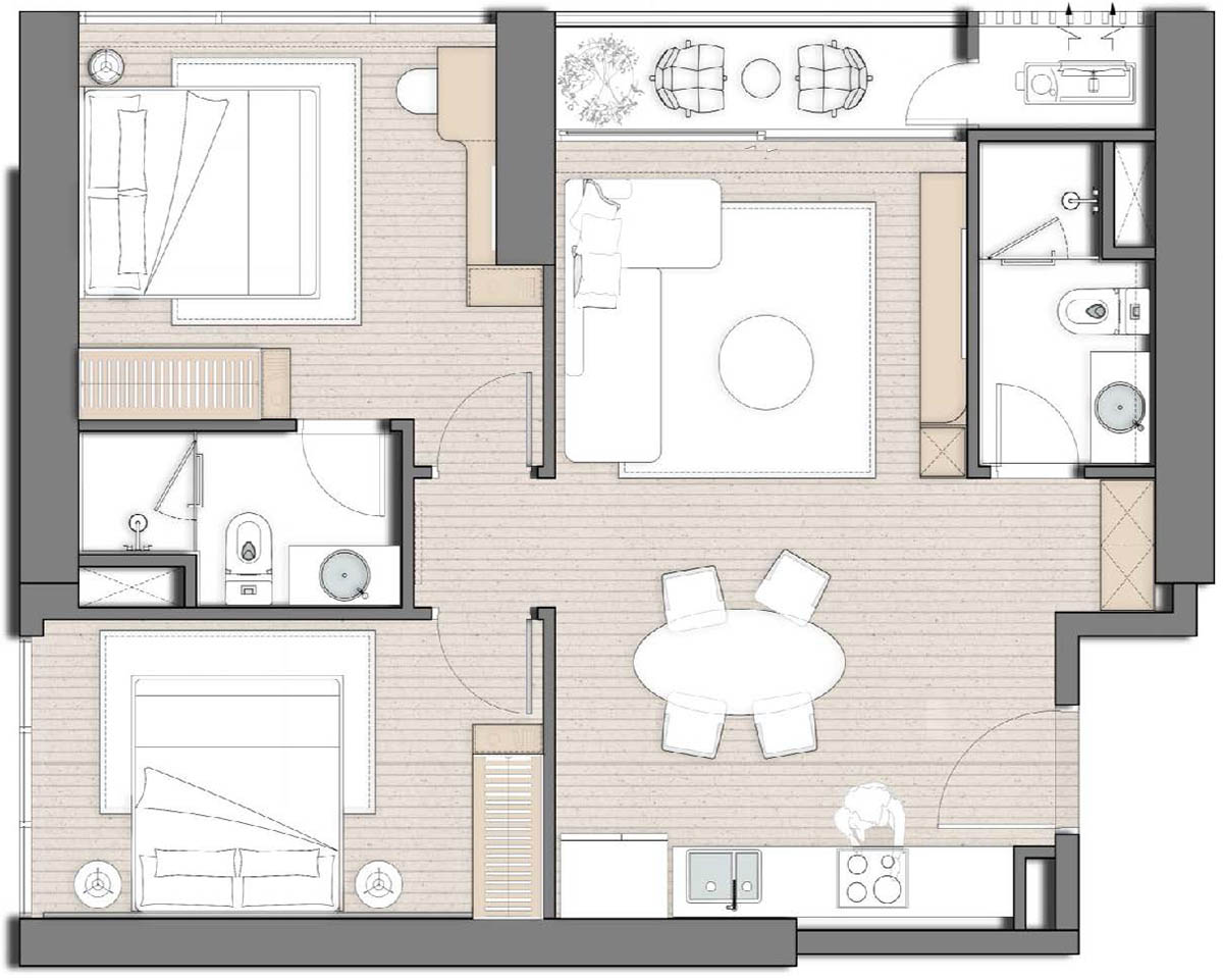 Bố cục căn hộ 2 phòng ngủ của tòa SKY M
