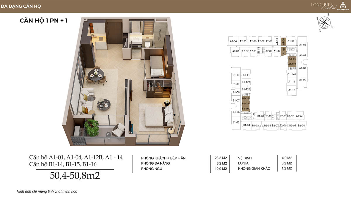 Căn hộ 1 phòng ngủ của Long Biên Central (3D & 2D)