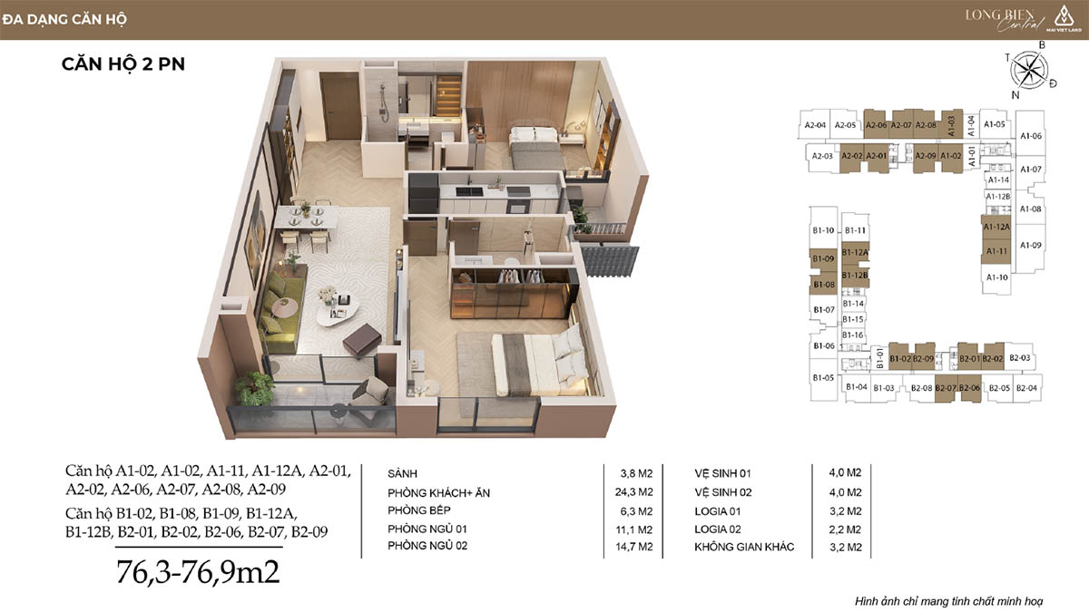 Căn hộ 2 phòng ngủ của Long Biên Central (3D & 2D)