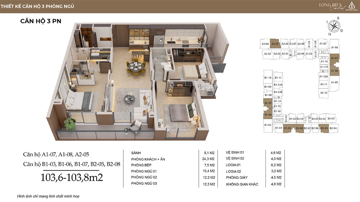 Căn hộ 3 phòng ngủ của Long Biên Central (3D & 2D)