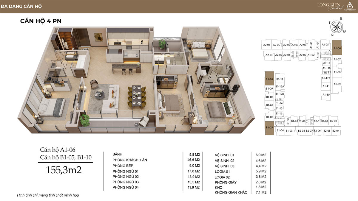 Căn hộ 4 phòng ngủ của Long Biên Central (3D & 2D)