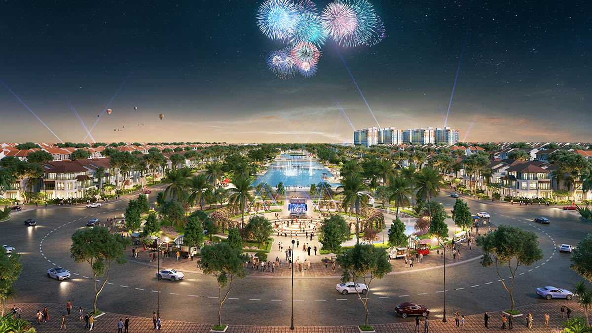 Cảnh quan ban đêm công viên lễ hội Sun Urban City nhìn từ bùng binh