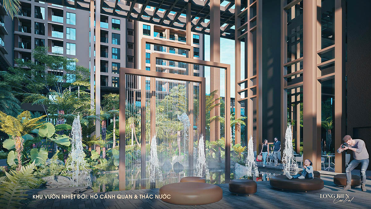 Hồ cảnh quan & thác nước trong Khu vườn nhiệt đới của Long Biên Central (3D)