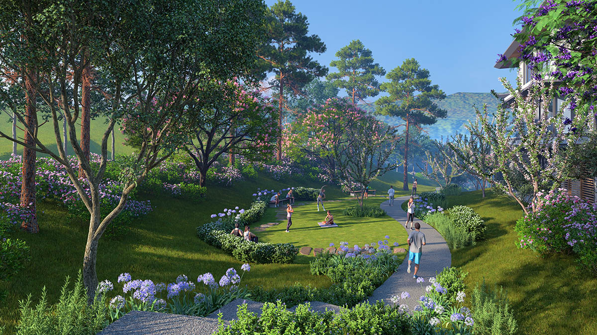 Khu vực thư giãn, yoga và dạo bộ cạnh song lập Spring Residences