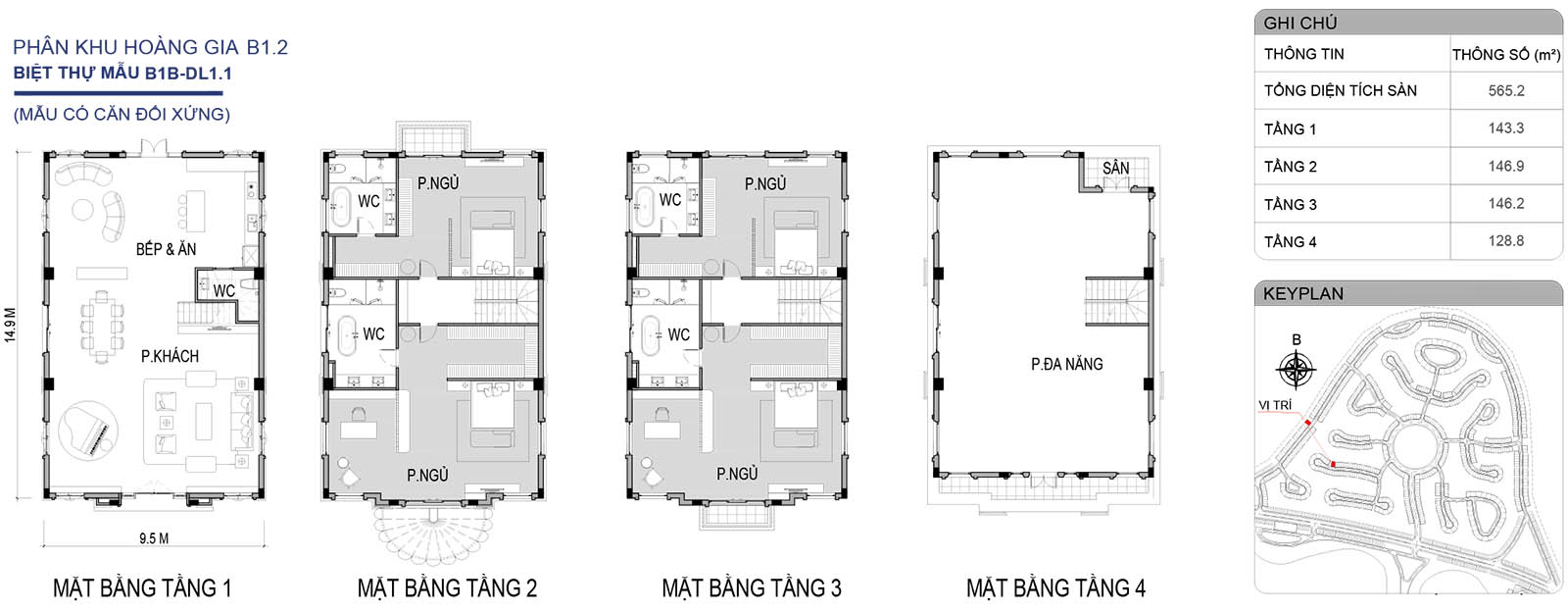 Mặt bằng biệt thự đơn lập B1B-DL1.1 phân khu Hoàng Gia