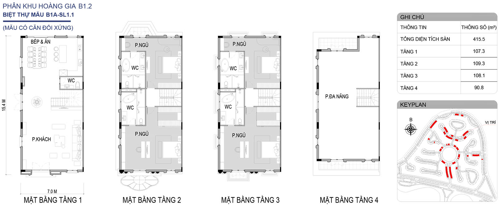 Mặt bằng biệt thự song lập B1A-SL1.1 phân khu Hoàng Gia