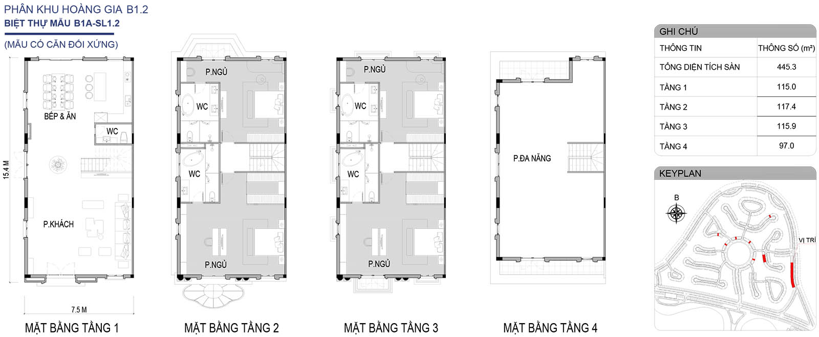 Mặt bằng biệt thự song lập B1A-SL1.2 phân khu Hoàng Gia