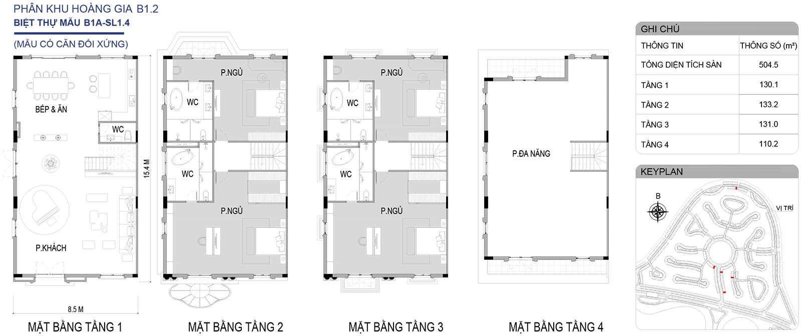Mặt bằng biệt thự song lập B1A-SL1.4 phân khu Hoàng Gia
