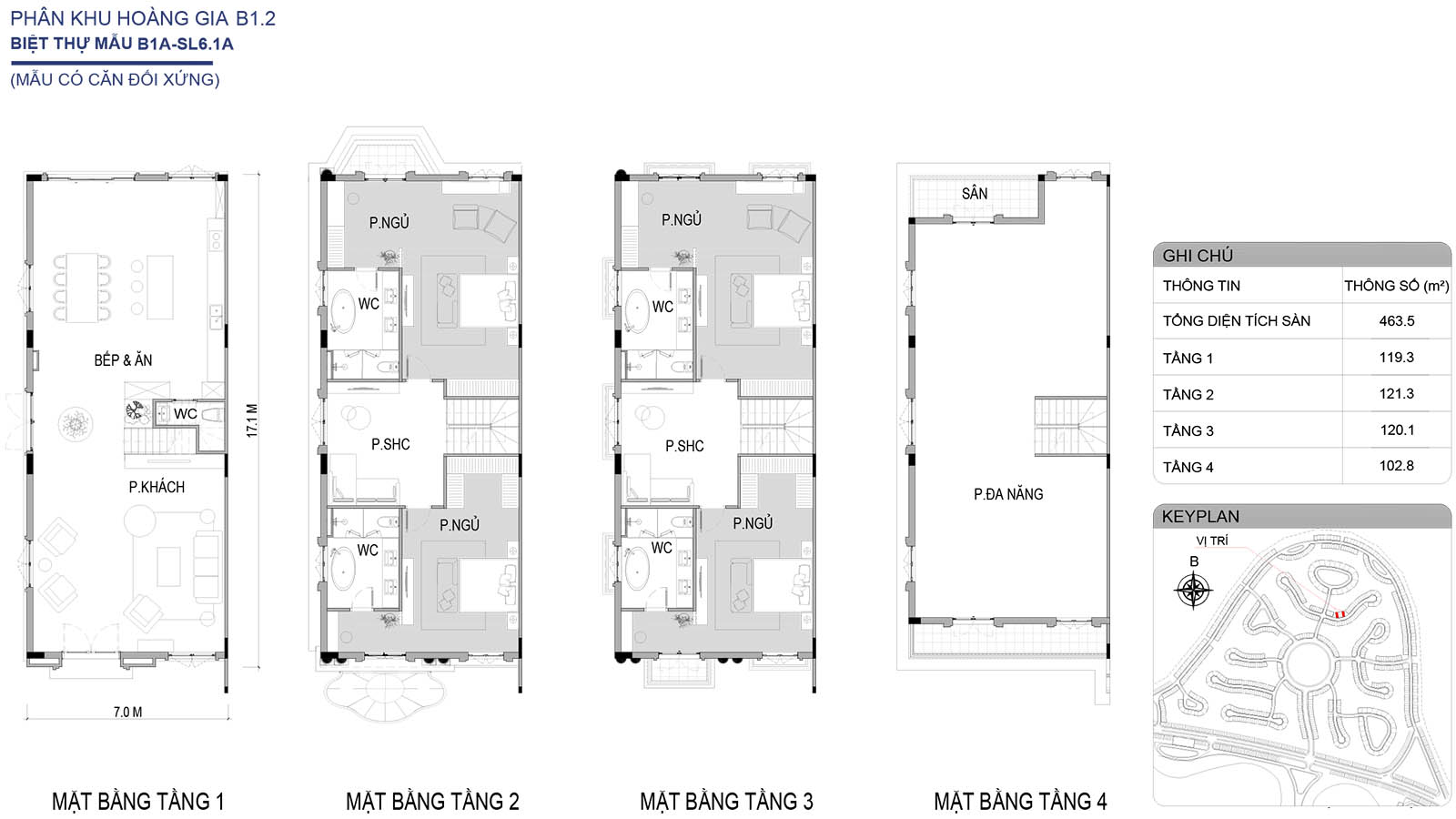 Mặt bằng biệt thự song lập B1A-SL6.1A phân khu Hoàng Gia