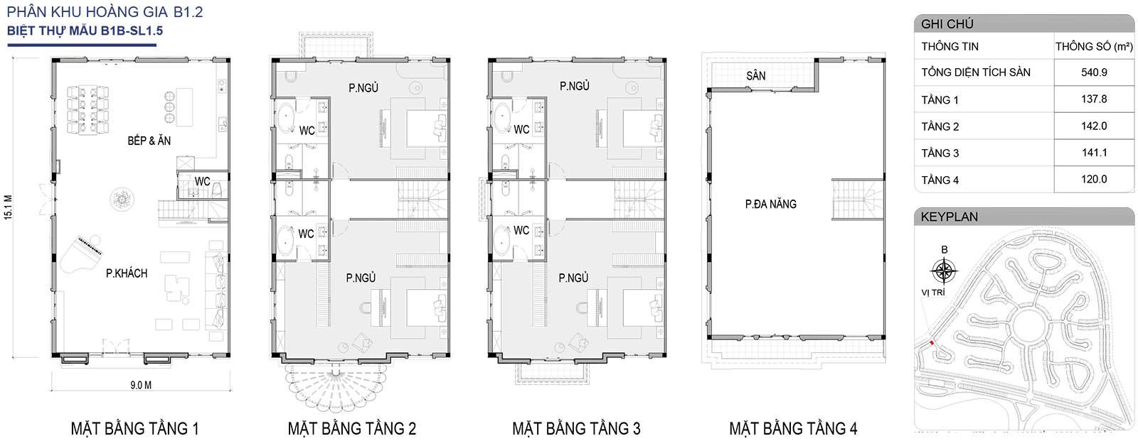 Mặt bằng biệt thự song lập B1B-SL1.5 phân khu Hoàng Gia