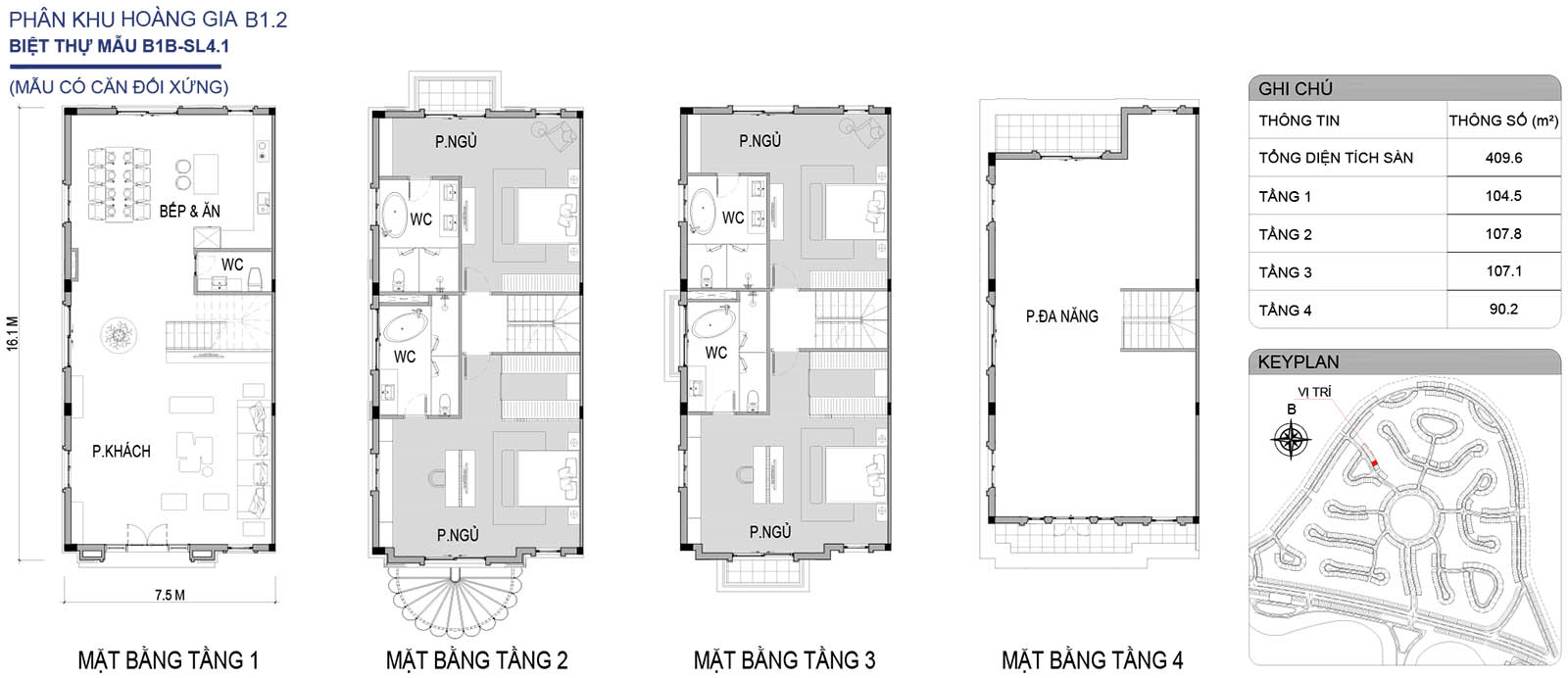 Mặt bằng biệt thự song lập B1B-SL4.1 phân khu Hoàng Gia