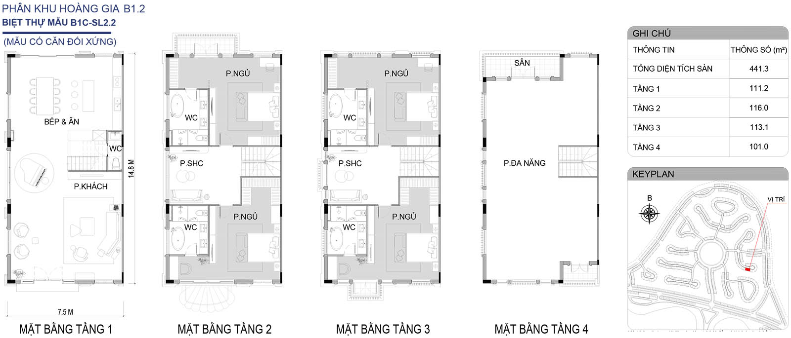 Mặt bằng biệt thự song lập B1C-SL2.2 phân khu Hoàng Gia