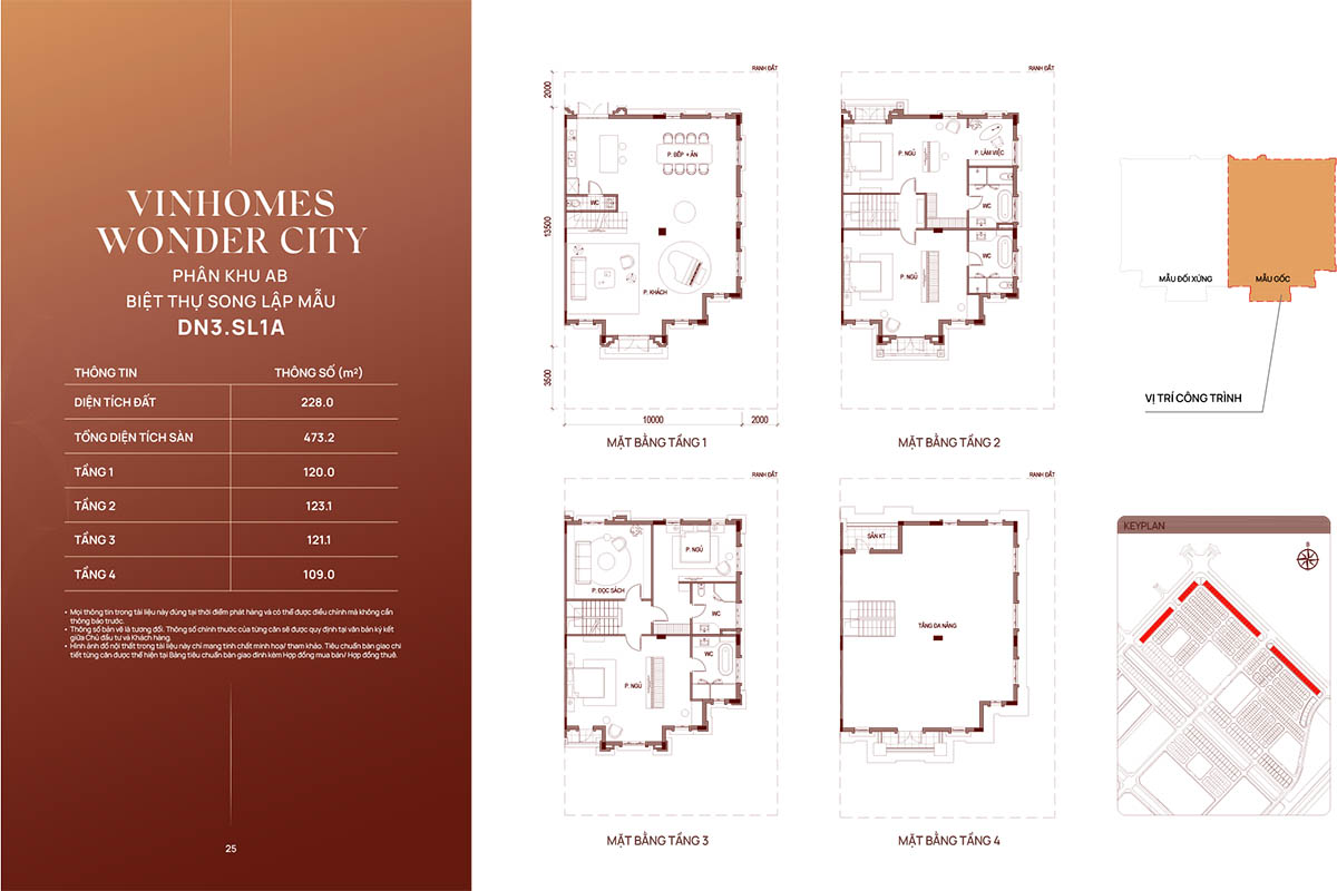 Mặt bằng biệt thự song lập mẫu DN3.SL1A Vinhomes Wonder City
