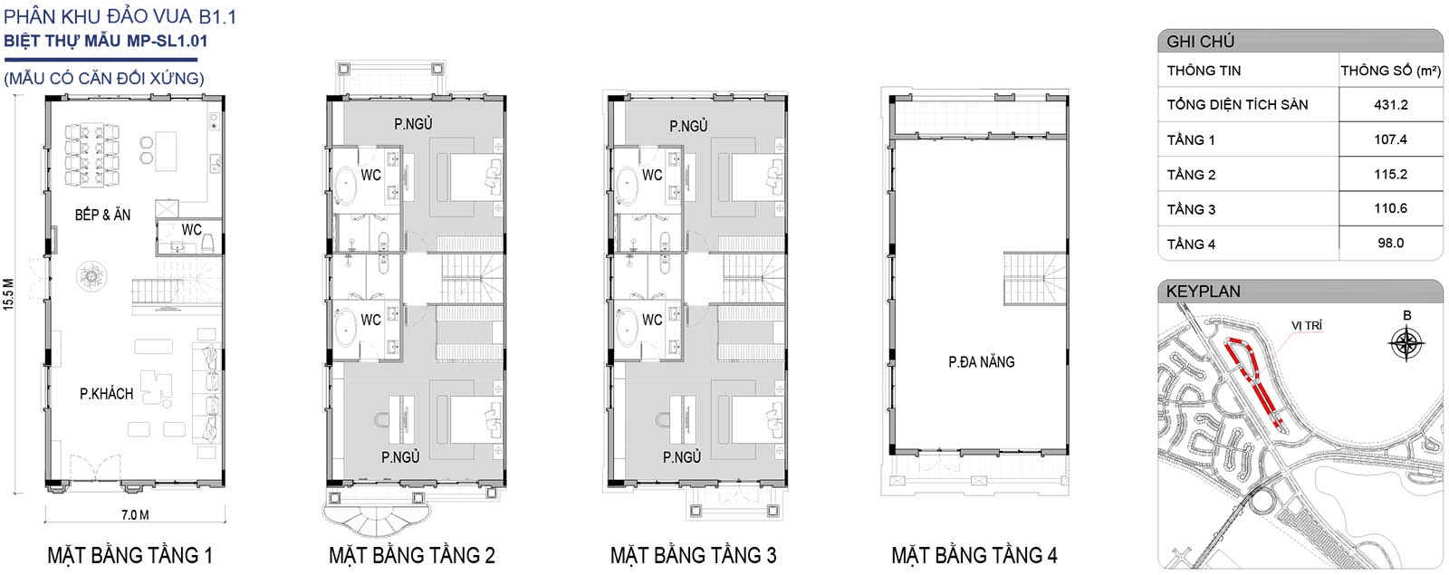 Mặt bằng biệt thự song lập MP-SL1.01 phân khu Đảo Vua