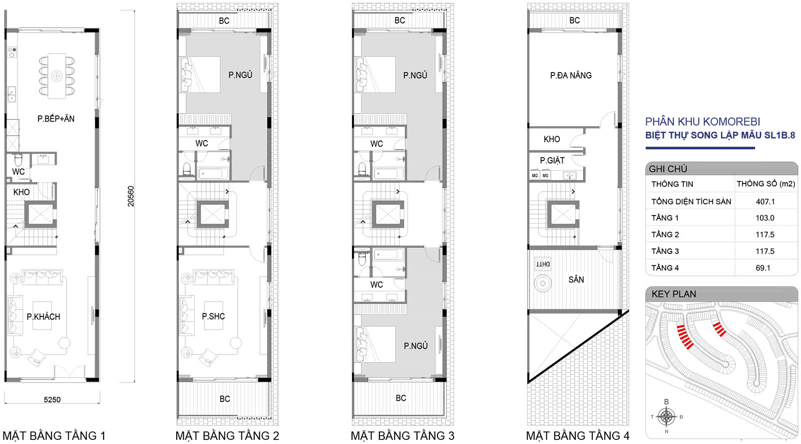 Mặt bằng biệt thự song lập SL1B.8 phân khu Komorebi
