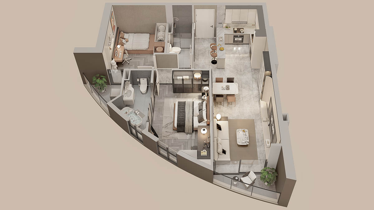 Mặt bằng bóc mái căn hộ 2PN 72.9m2 & 76m2 (B02, A01) tòa The Queen