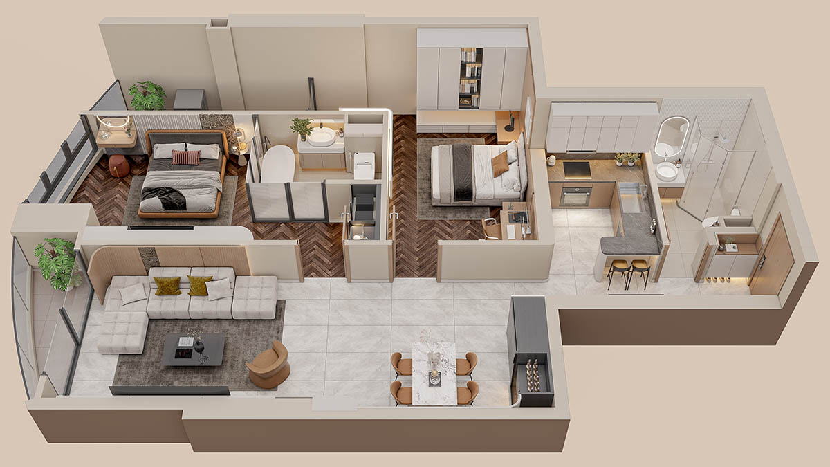 Mặt bằng bóc mái căn hộ 2PN 90m2 (B07) tòa The Queen