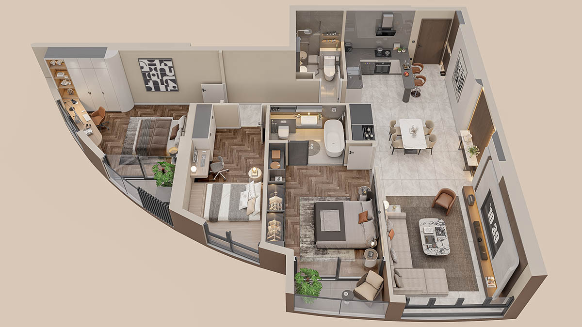 Mặt bằng bóc mái căn hộ 3PN 100.7m2 (B05, A06) tòa The Queen