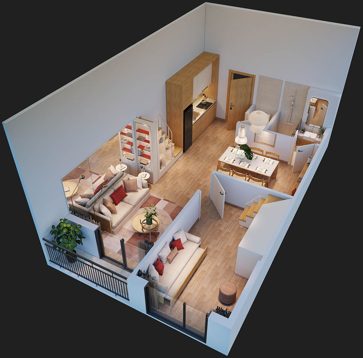 Mặt bằng bóc mái tầng 1 căn 1PN khu Art Residence