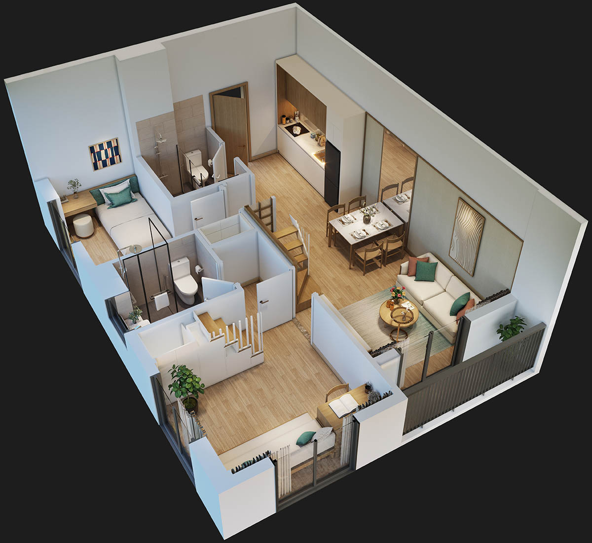 Mặt bằng bóc mái tầng 1 căn 2PN khu Art Residence