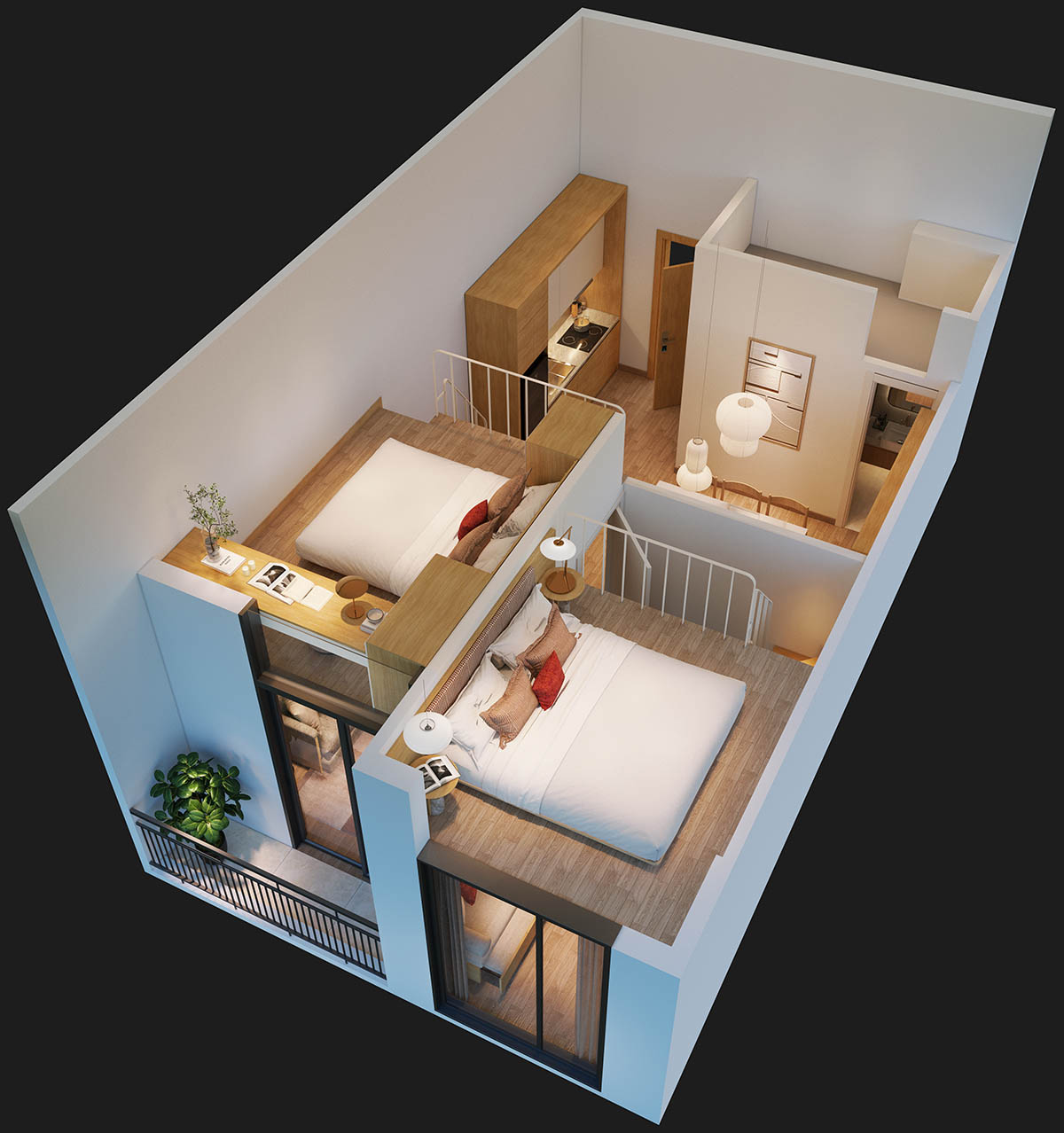 Mặt bằng bóc mái tầng 2 căn 1PN khu Art Residence