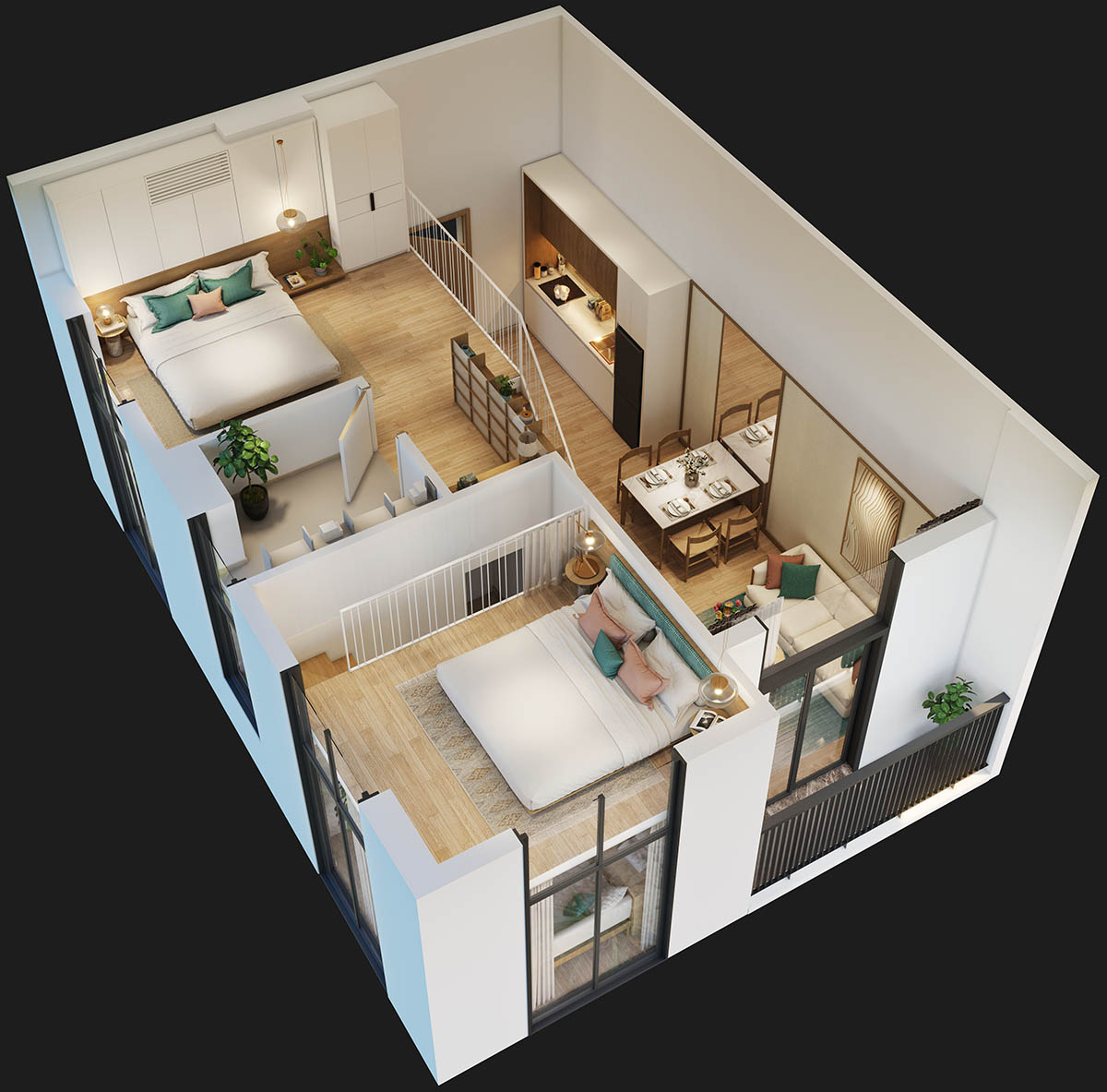 Mặt bằng bóc mái tầng 2 căn 2PN khu Art Residence