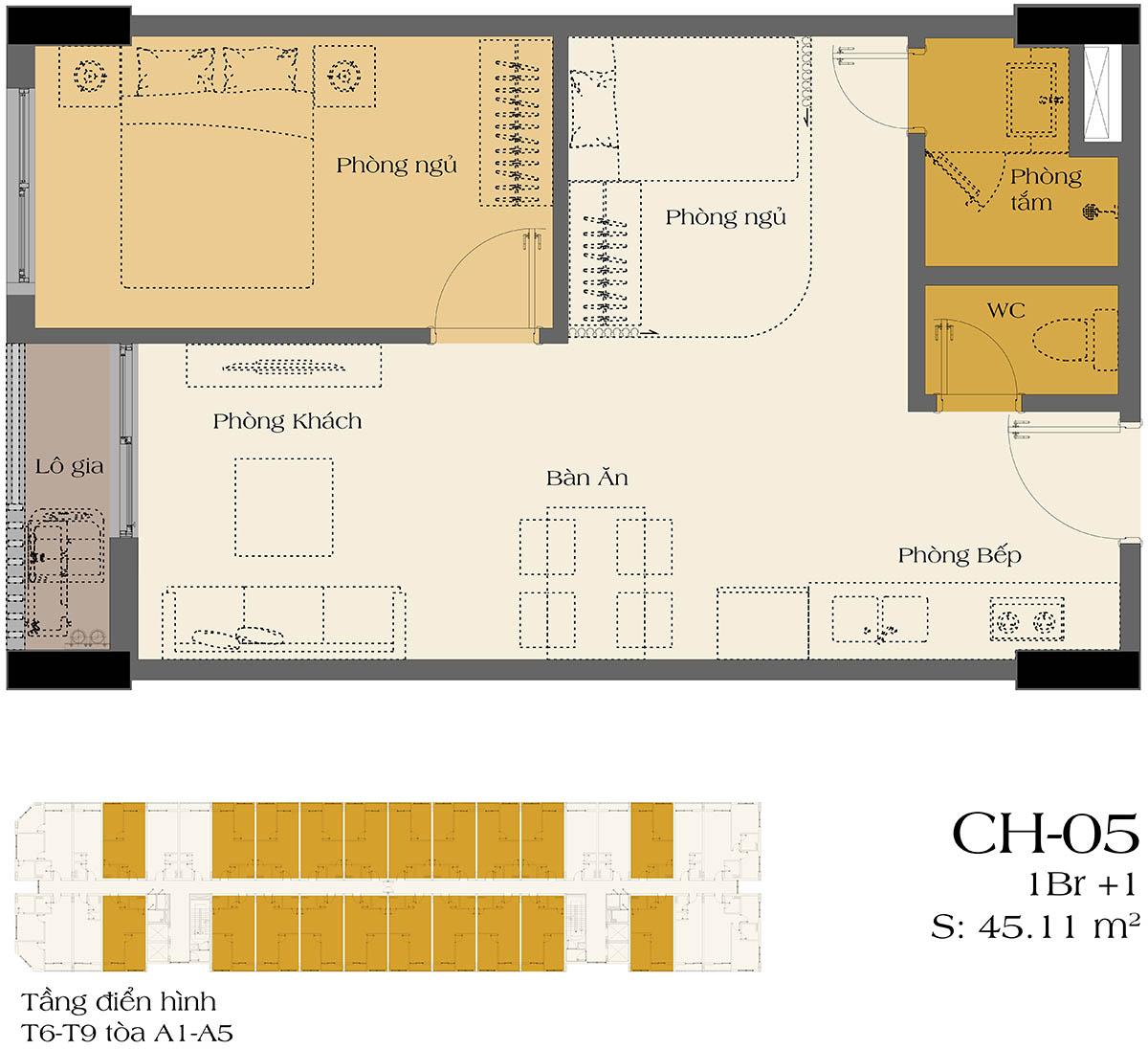 Mặt bằng căn hộ 1PN+1 CH-05 tầng 6-9 tòa A1-A5 Art Residence