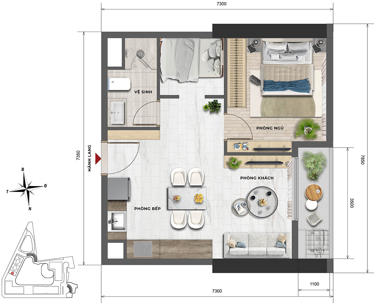 Mặt bằng căn hộ 1PN+1, tháp F2 Sun Feliza Suites