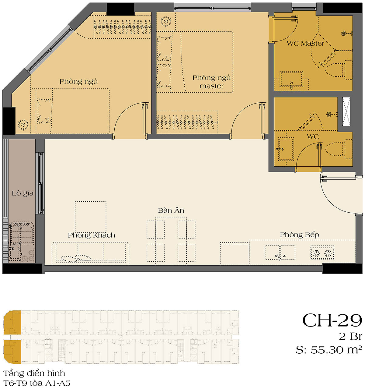 Mặt bằng căn hộ 2PN CH-29 tầng 6-9 tòa A1-A5 Art Residence