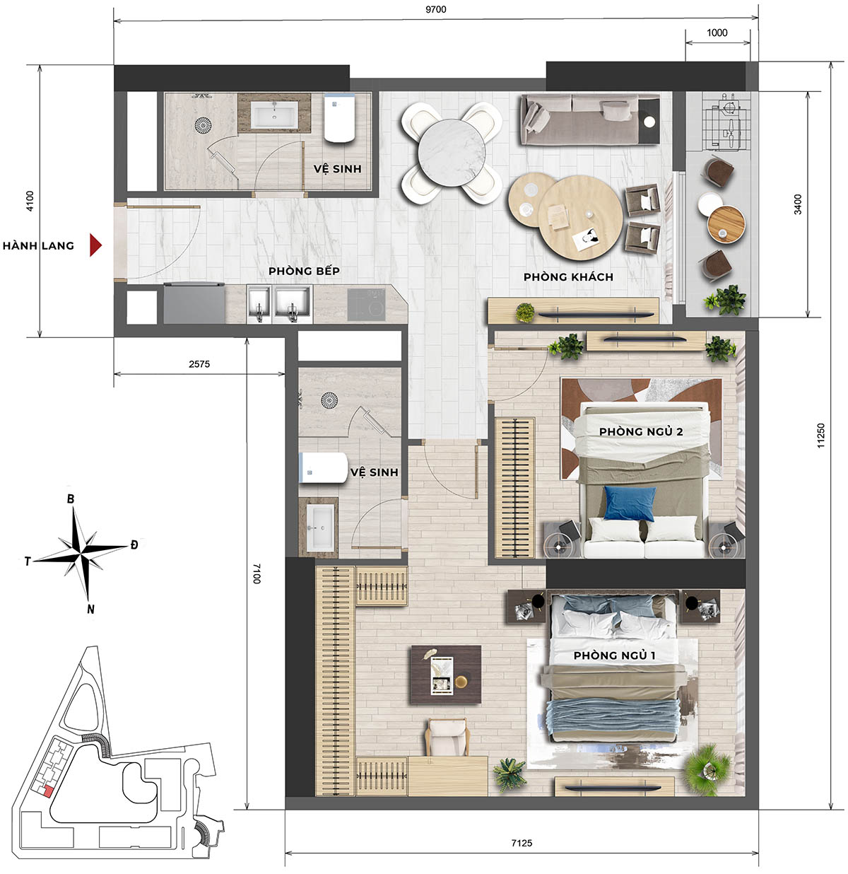 Mặt bằng căn hộ 2PN, tháp F2 Sun Feliza Suites
