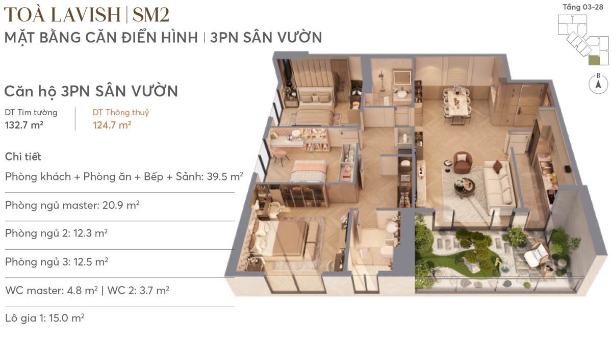Mặt bằng căn hộ 3PN Sân Vườn tòa LAVISH SM2