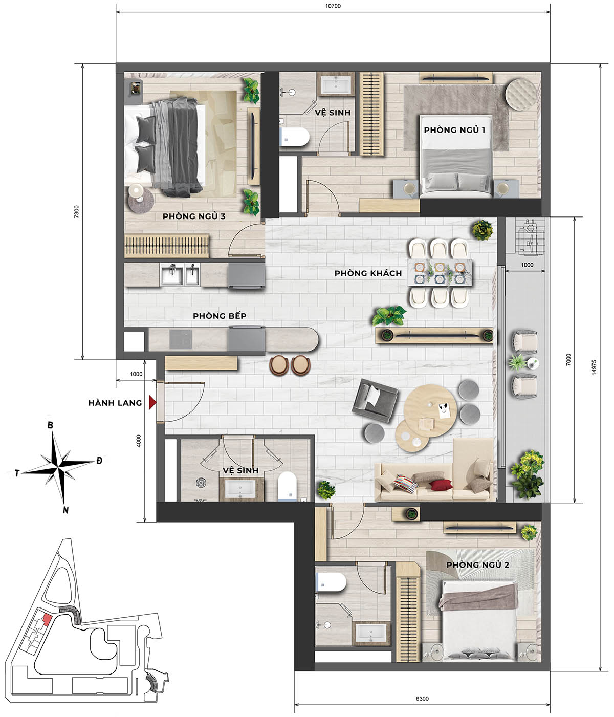 Mặt bằng căn hộ 3PN, tháp F2 Sun Feliza Suites
