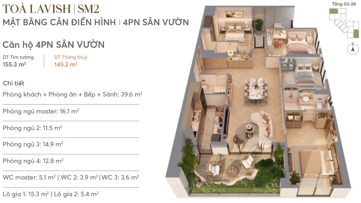 Mặt bằng căn hộ 4PN Sân Vườn tòa LAVISH SM2