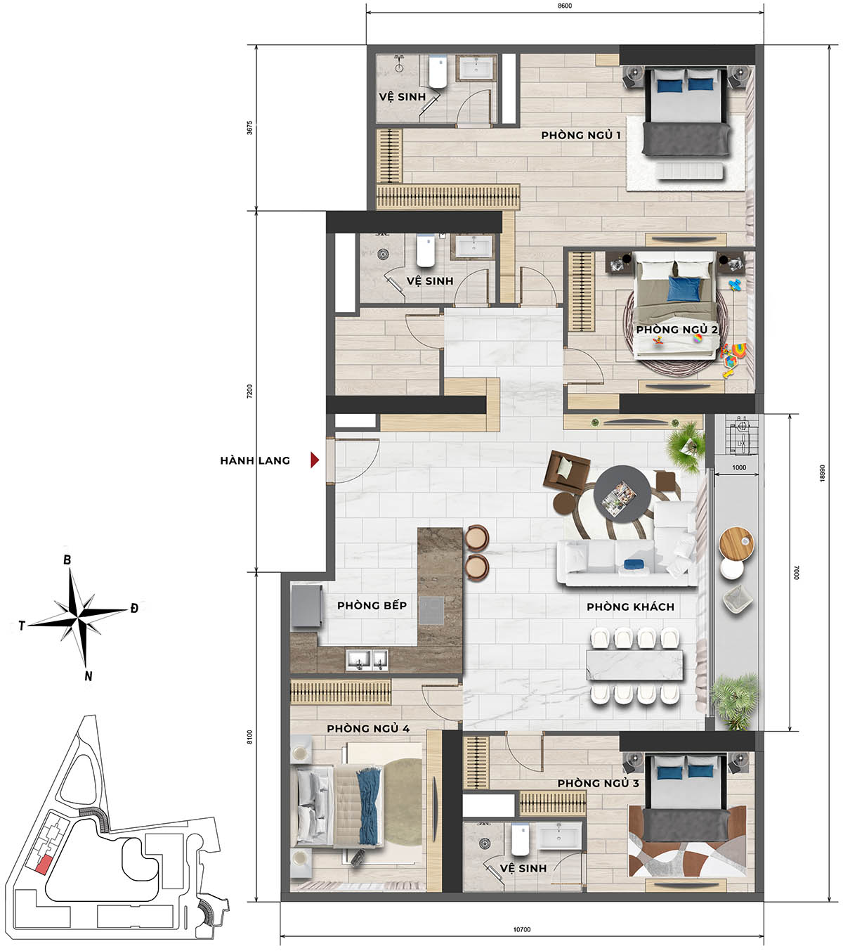 Mặt bằng căn hộ 4PN, tháp F2 Sun Feliza Suites