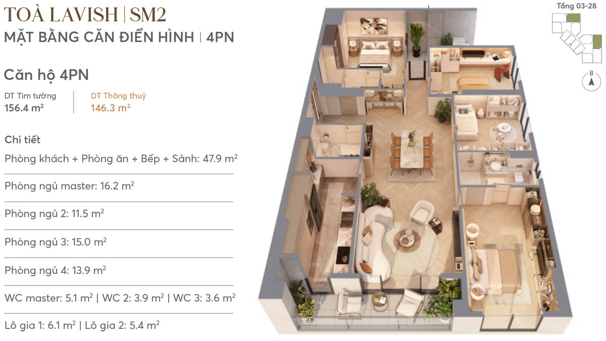 Mặt bằng căn hộ 4PN tòa LAVISH SM2