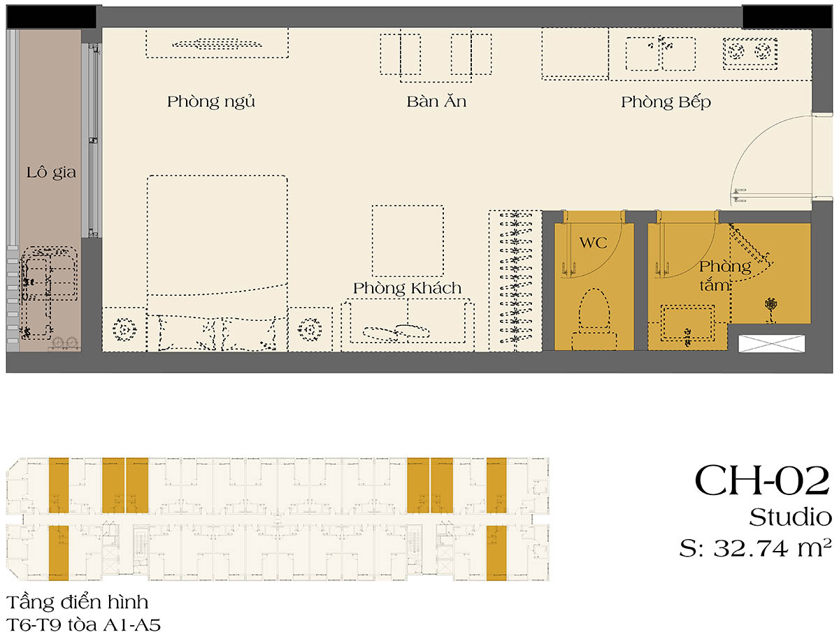 Mặt bằng căn hộ Studio CH-02 tầng 6-9 tòa A1-A5 Art Residence