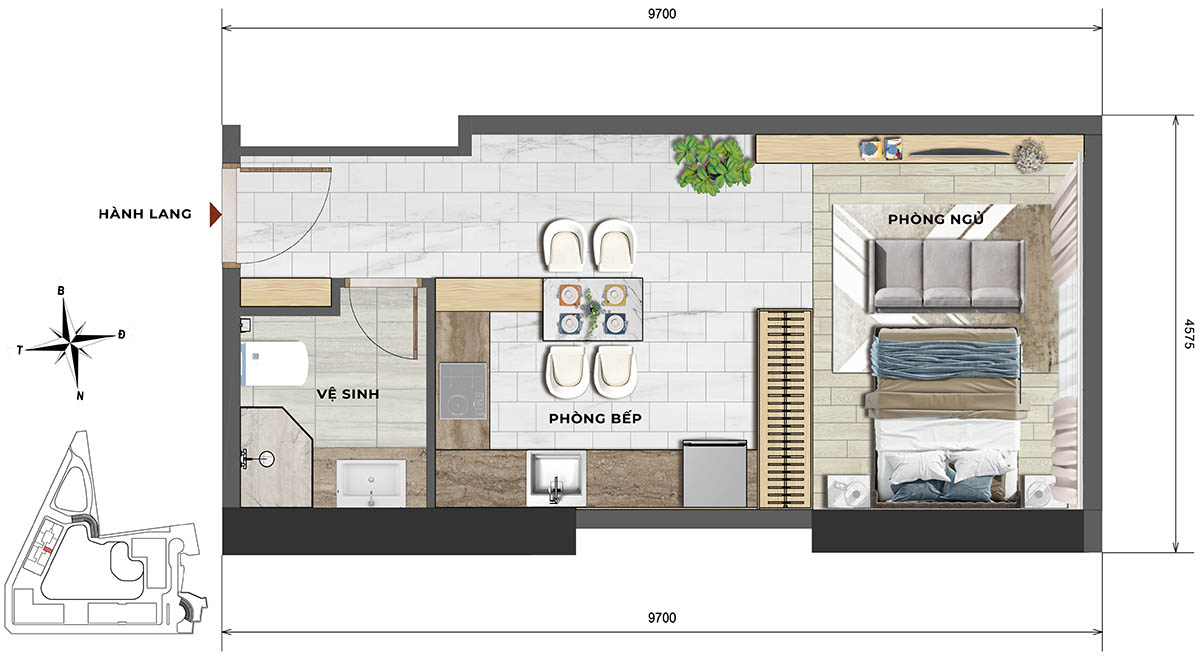 Mặt bằng căn hộ Studio, tháp F2 Sun Feliza Suites