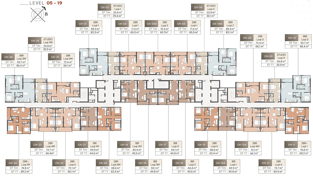 Mặt bằng tầng 05-19 tòa Harmony (L2)