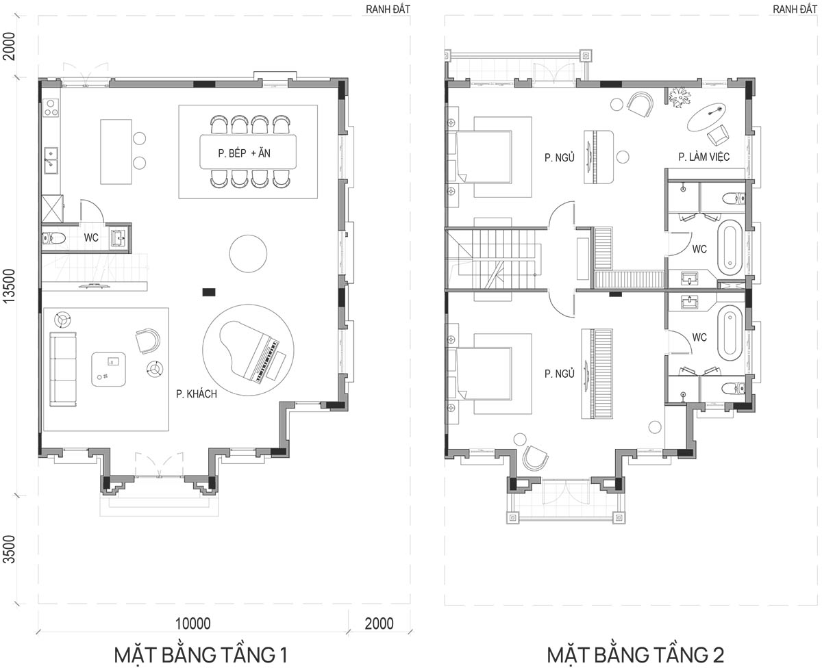 Mặt bằng tầng 1, 2 mẫu DN3.SL1 phân khu AB Vinhomes Wonder City