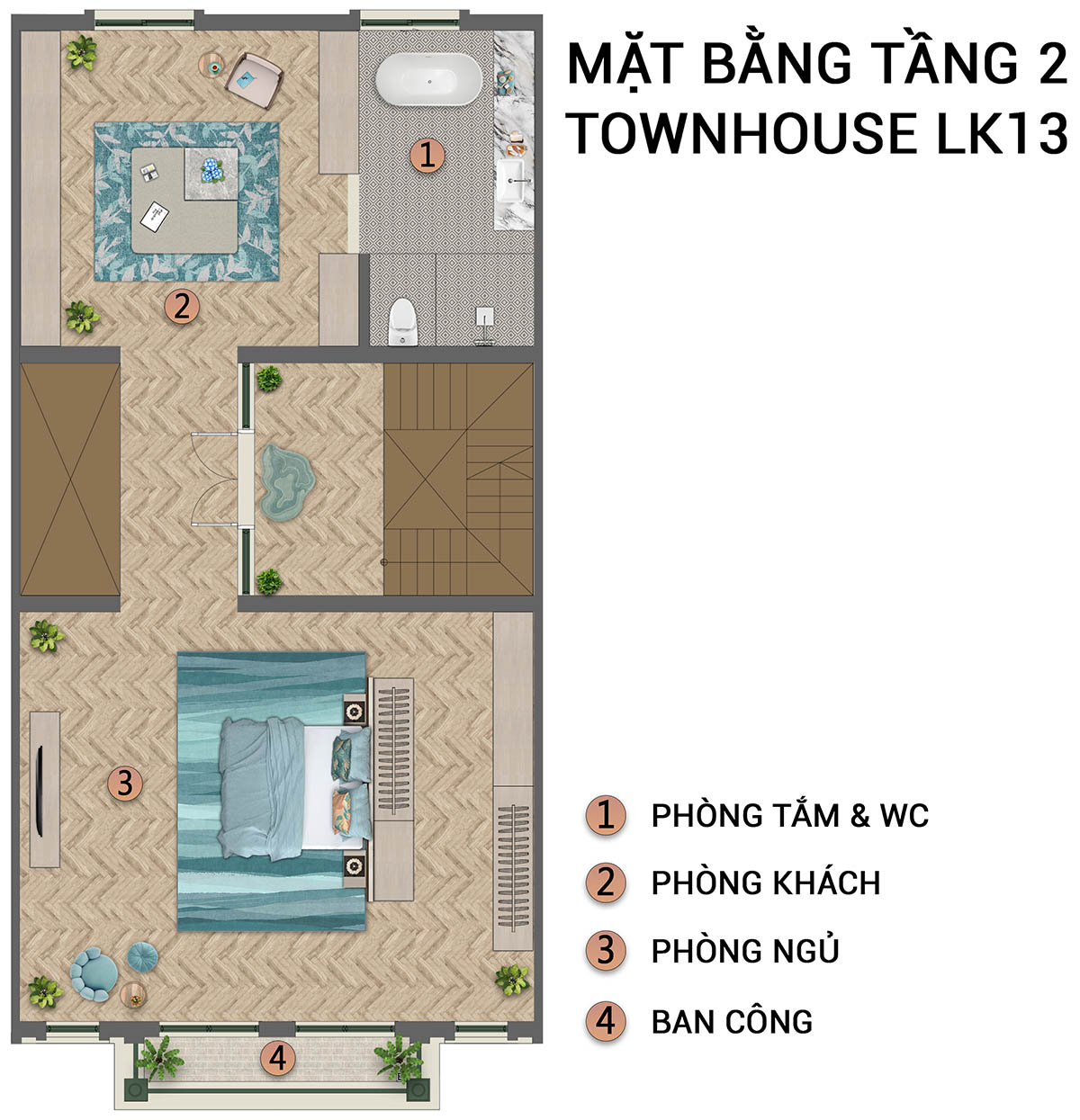 Mặt bằng tầng 2 liền kề Townhouse LK13 (160m2) Sun Urban City