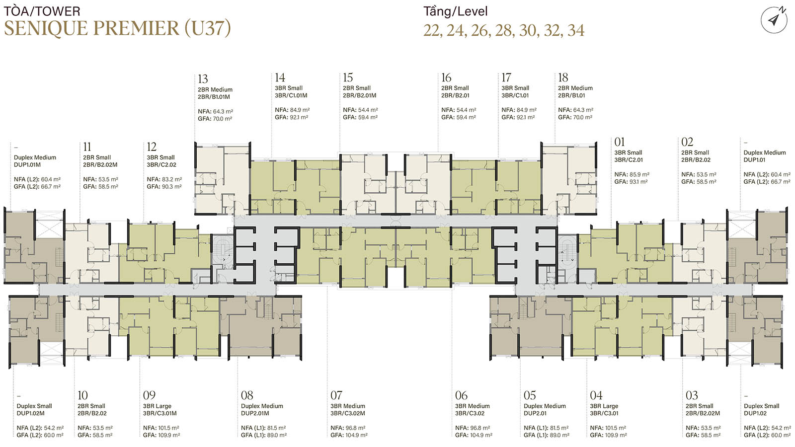 Mặt bằng tầng 22, 24, 26, 28, 30, 32, 34 tòa The Senique Premier