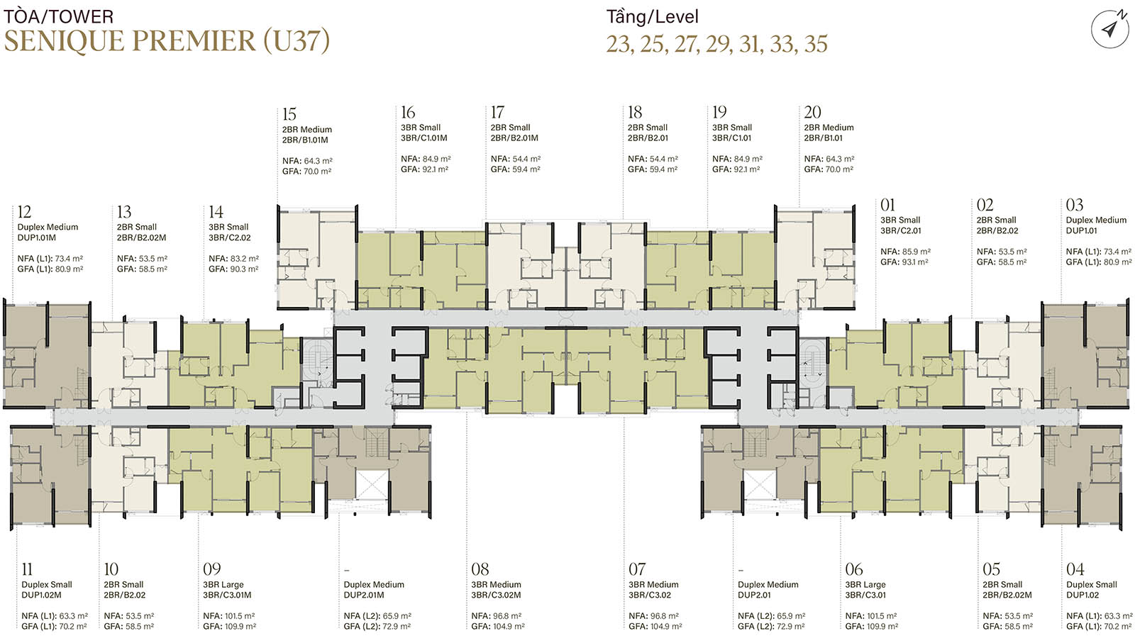 Mặt bằng tầng 23, 25, 27, 29, 31, 33, 35 tòa The Senique Premier