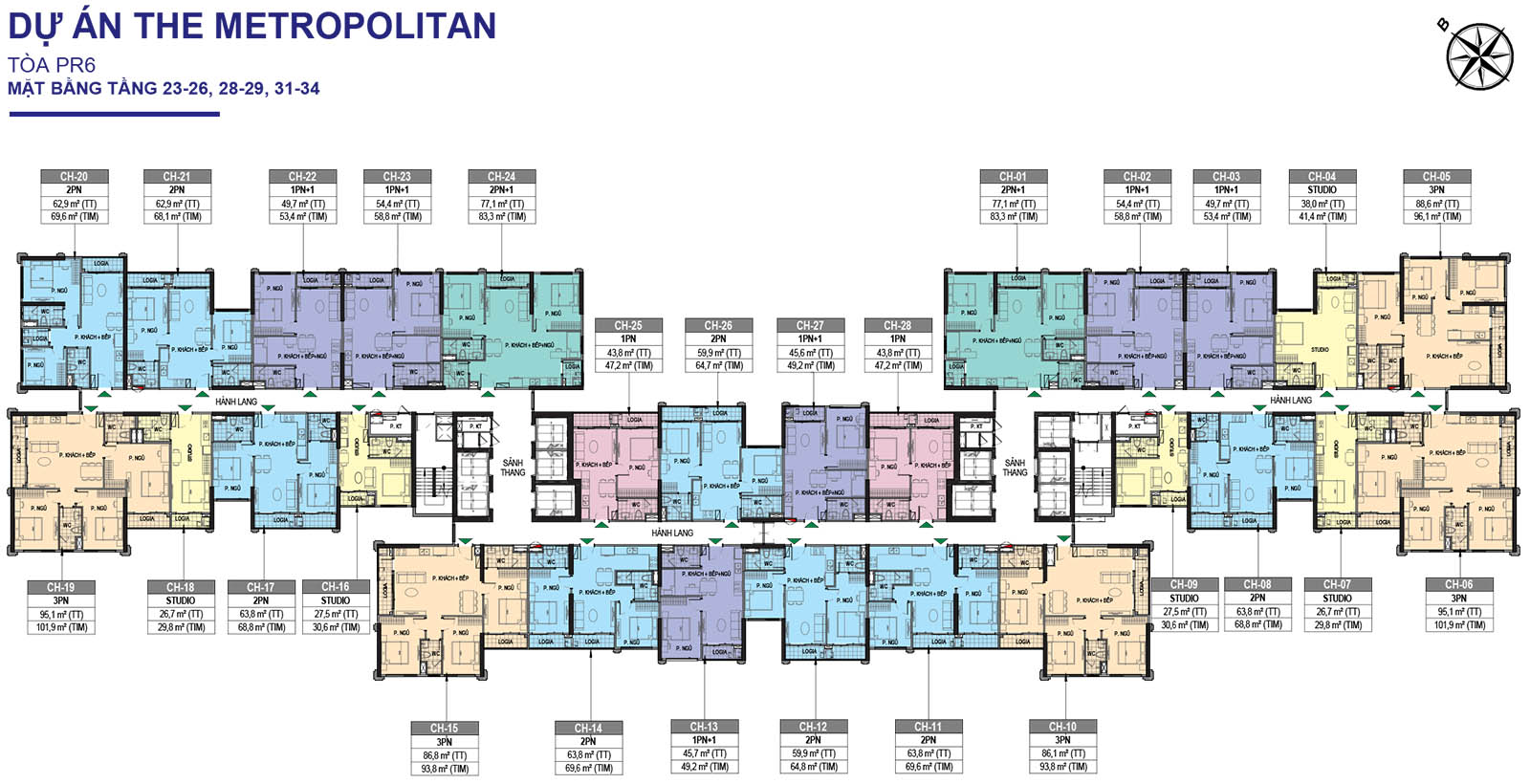 Mặt bằng tầng 23-26, 28-29, 31-34 Tòa PR6 The Paris Vinhomes Ocean Park 1