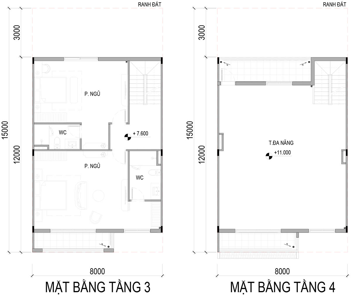 Mặt bằng tầng 3, 4 mẫu CB5-LK-A02 phân khu D, E, F