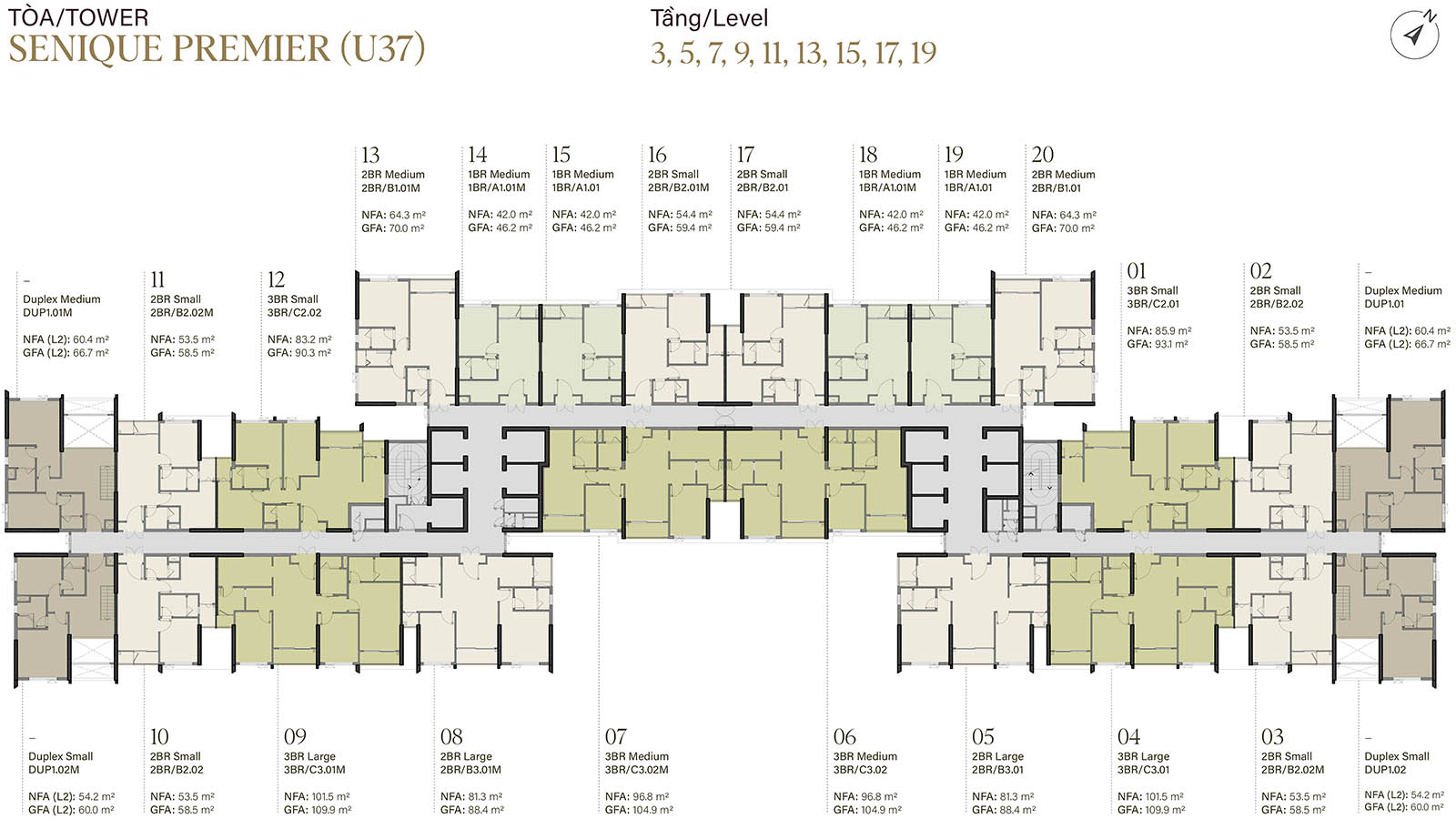 Mặt bằng tầng 3, 5, 7, 9, 11, 13, 15, 17, 19 tòa Senique Premier