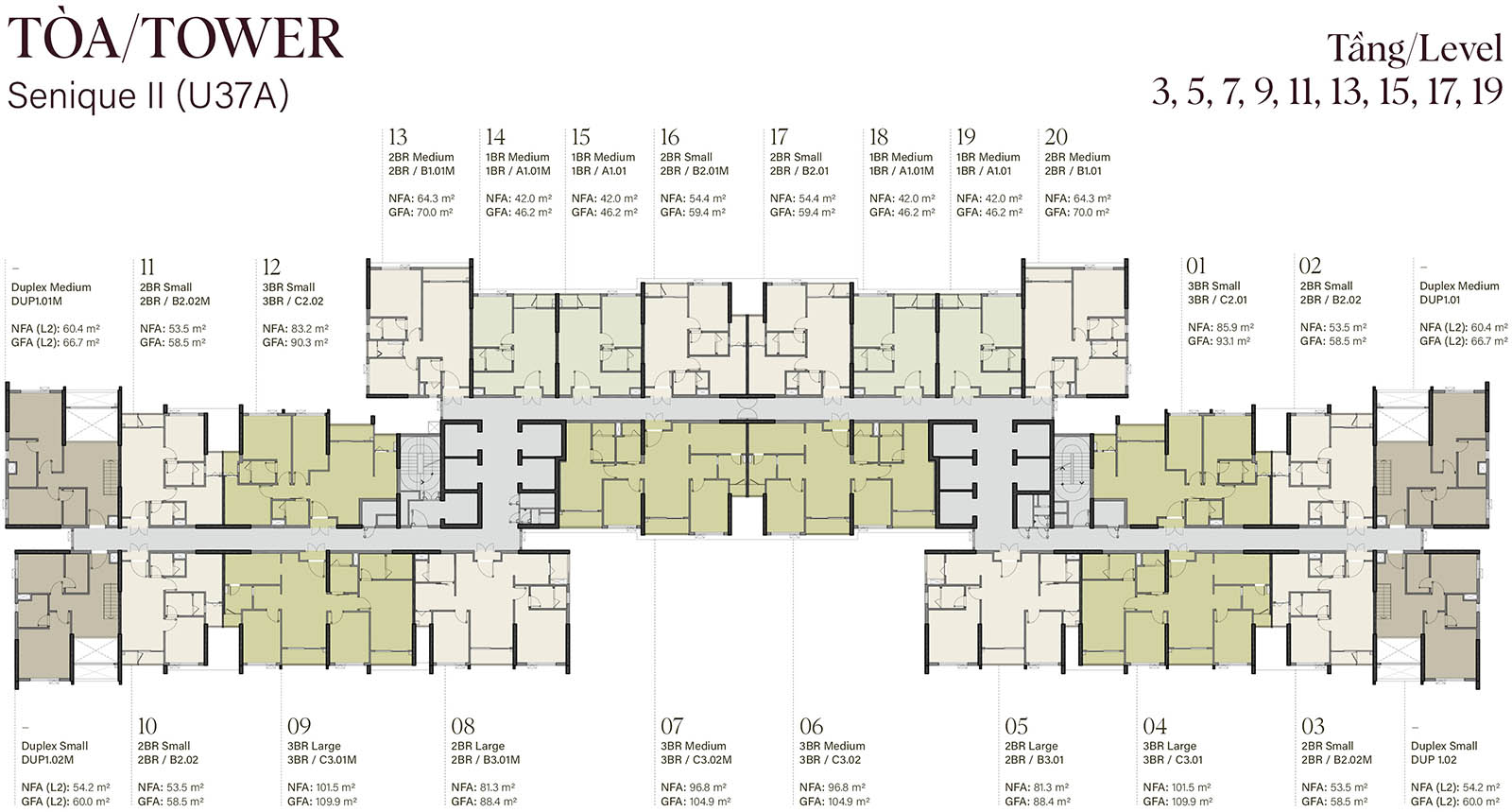 Mặt bằng tầng 3, 5, 7, 9, 11, 13, 15, 17, 19 tòa The Senique 2