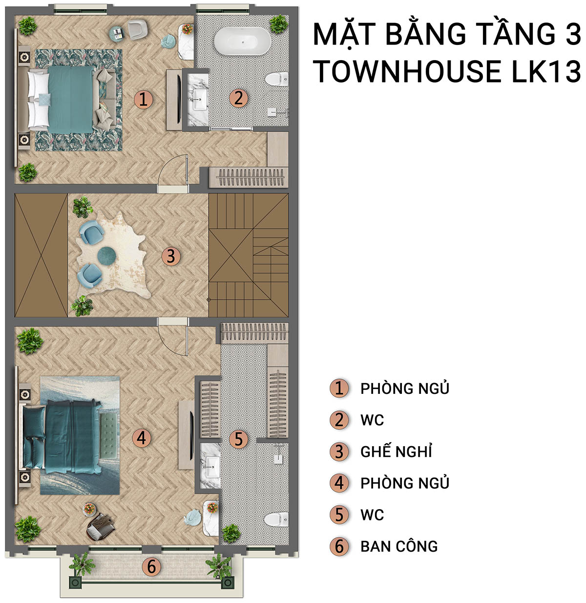 Mặt bằng tầng 3 liền kề Townhouse LK13 (160m2) Sun Urban City