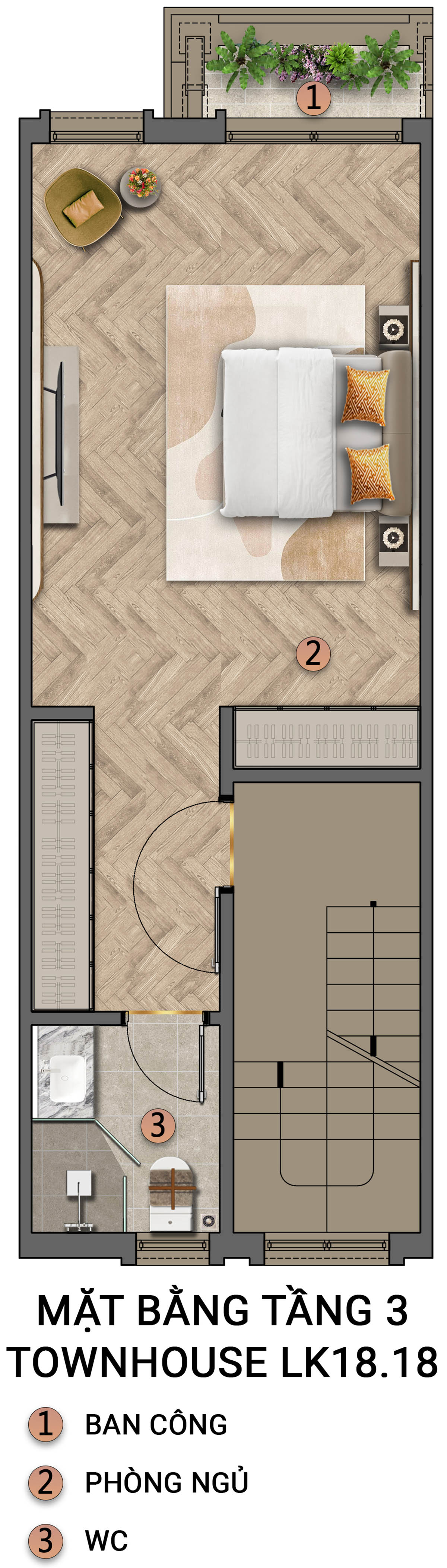 Mặt bằng tầng 3 liền kề Townhouse LK18 (56m2) Sun Urban City