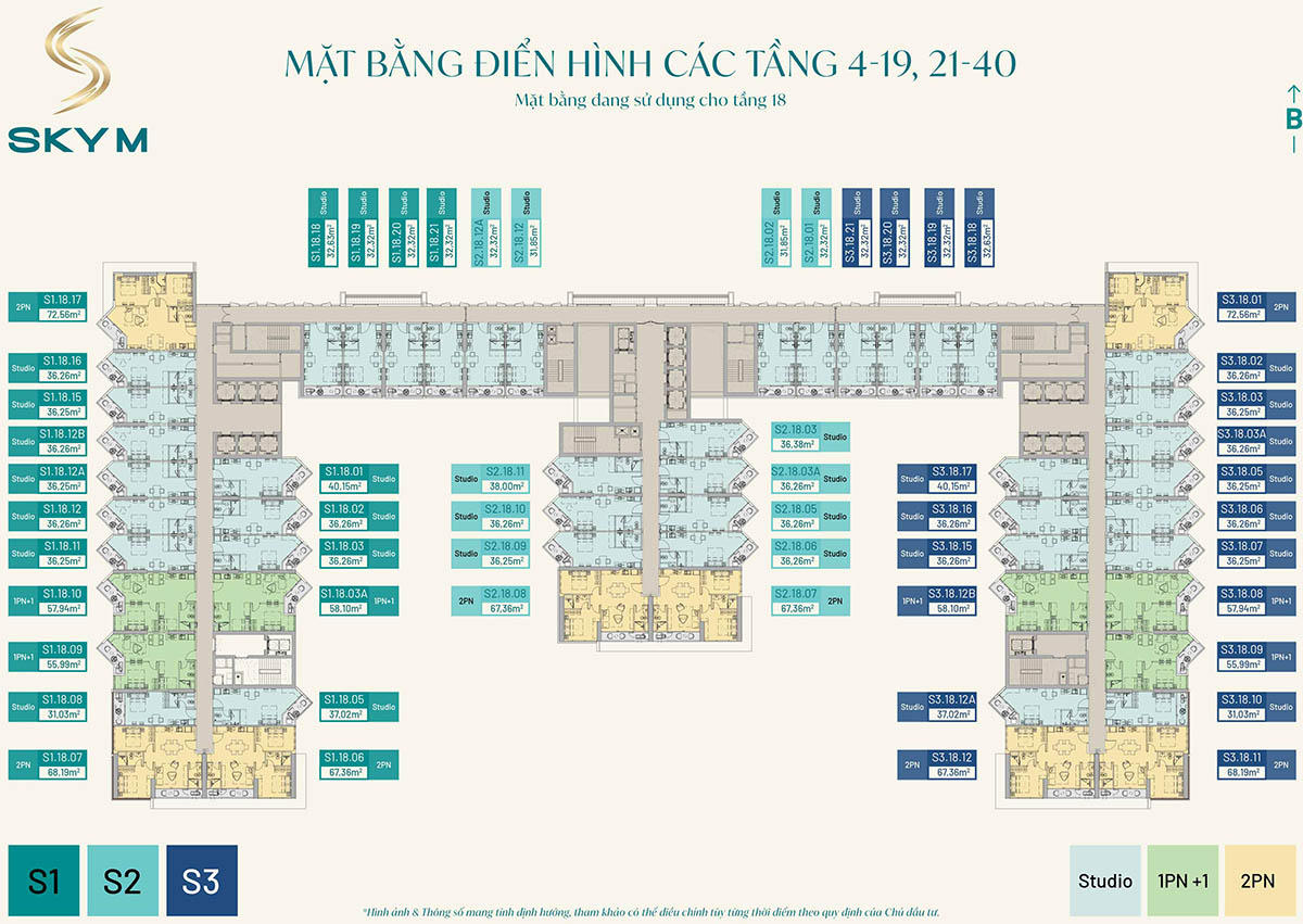 Mặt bằng tầng 4-19 và 21-40 của tòa nhà SKY M